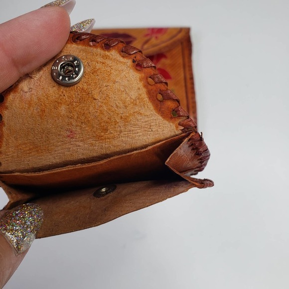 Leather Embossed Tooled Clutch Coin Purse 2pc Set Brown Tan Handmade Boho - Picture 6 of 9